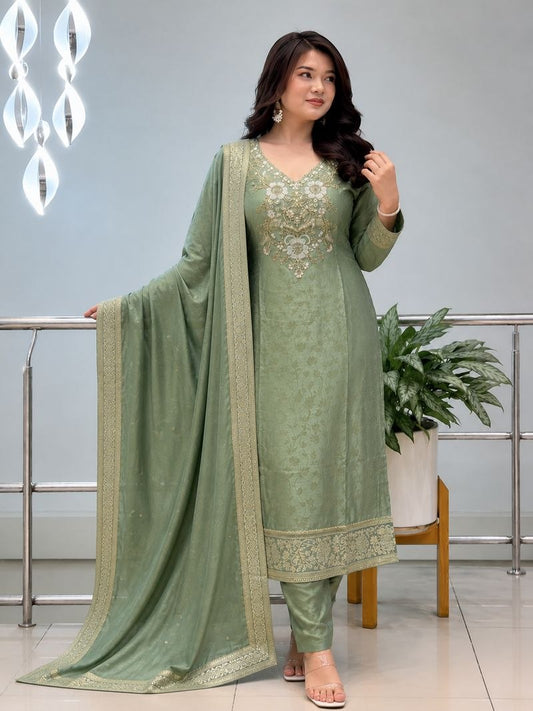 Pista Green Hand Work Neck Banarasi Weaving Kurti Pant With Dupatta