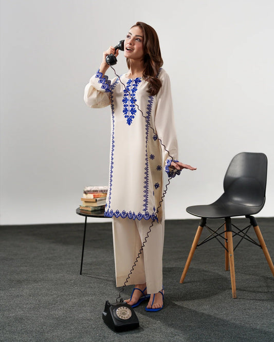 Ivory & Royal Blue Embroidered Cord-Set