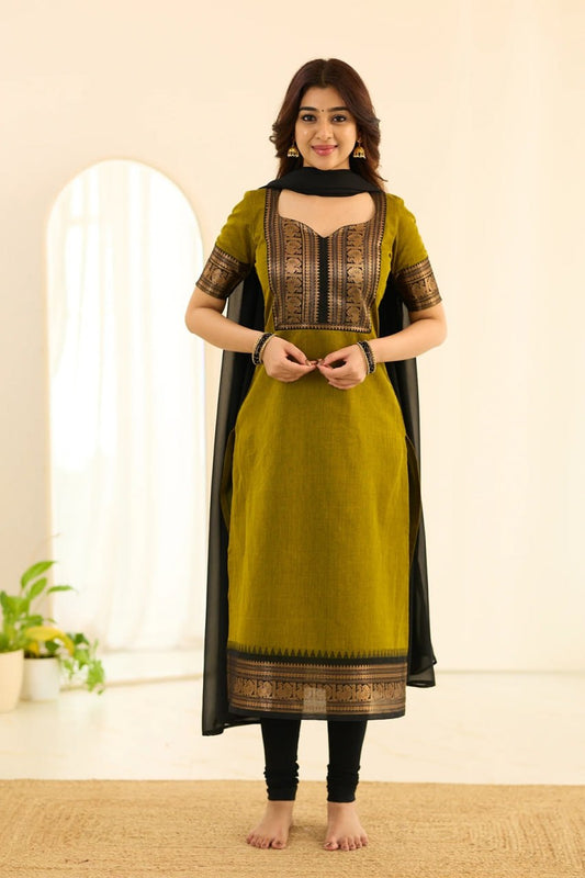 Royal Olive Green Chettinad Cotton Top and Dupatta