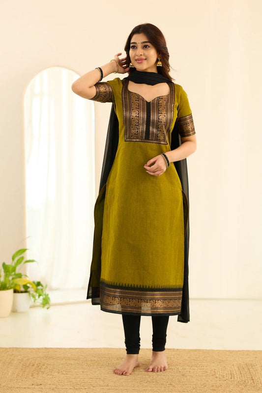 Royal Olive Green Chettinad Cotton Top and Dupatta