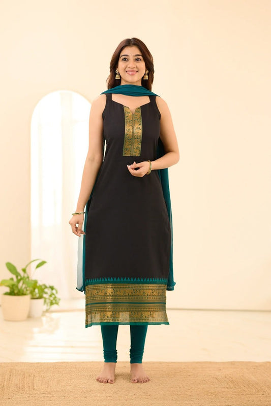 Deep Black with Emerald Green Border Chettinad Cotton Top and Dupatta