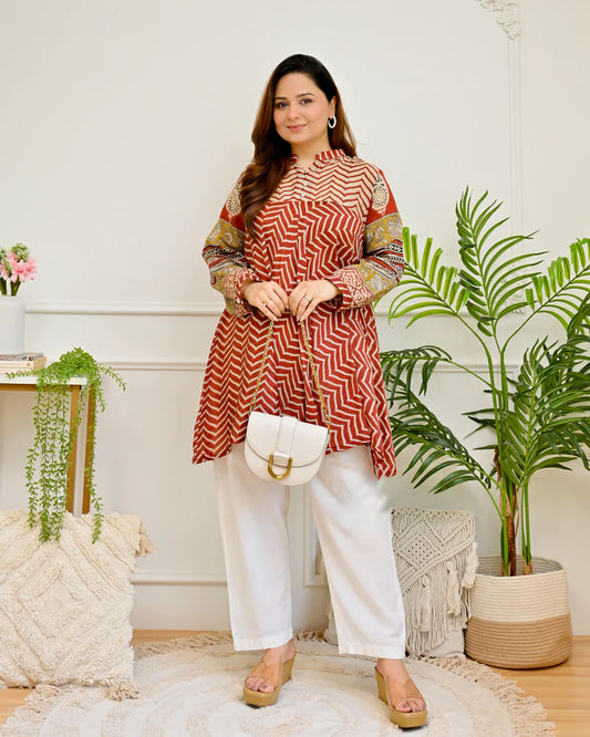 Lilac Ajrakh Mul Chanderi A Line Co-ord Set