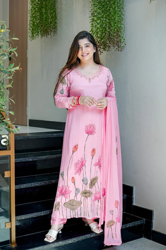 Royal Lotus Bloom A-Line Kurti Set with Dupatta