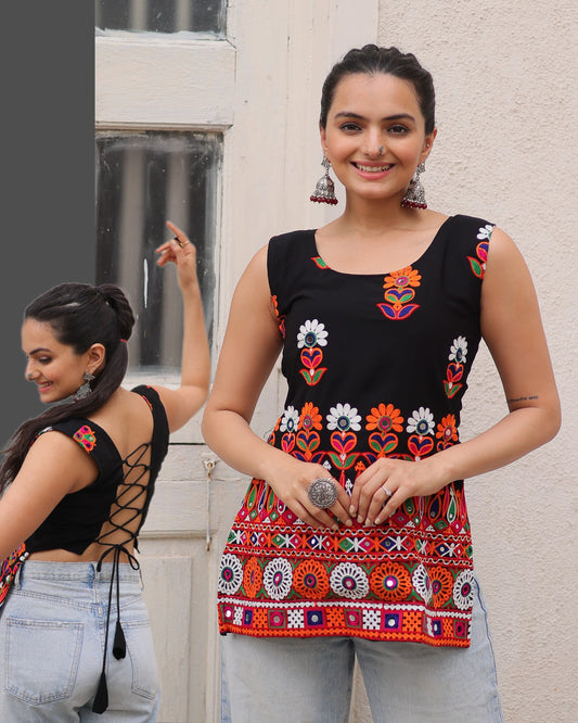 Classic Black Georgette Gamthi Work Kurti
