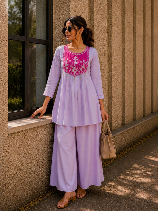 Lavender Embroidered Kurta Set with Contrast Magenta Yoke & Pearl Tassels – Festive Wear Suit for Women