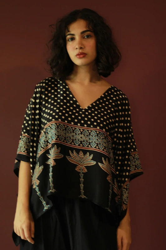 Taarini Noir Ajrakh | Signature Modal Silk Kaftan
