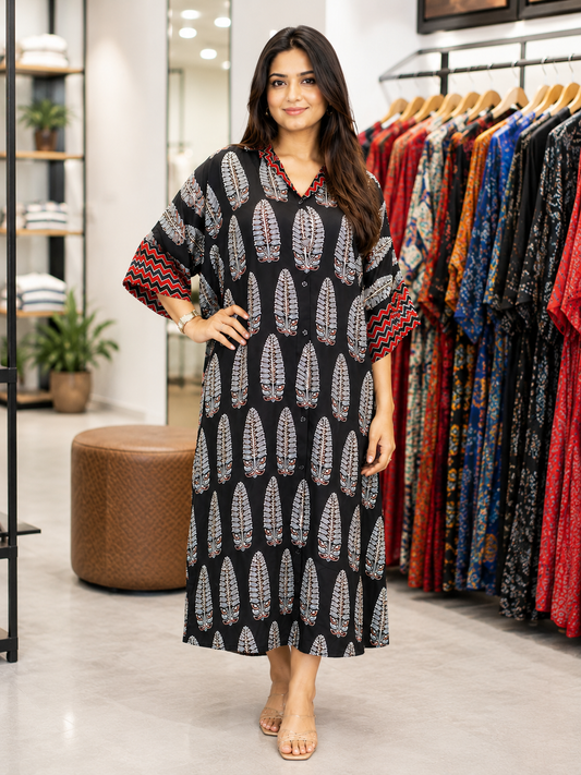 Neeva  Special Ajrakh Printed Modal Silk Kaftan Dress for Women