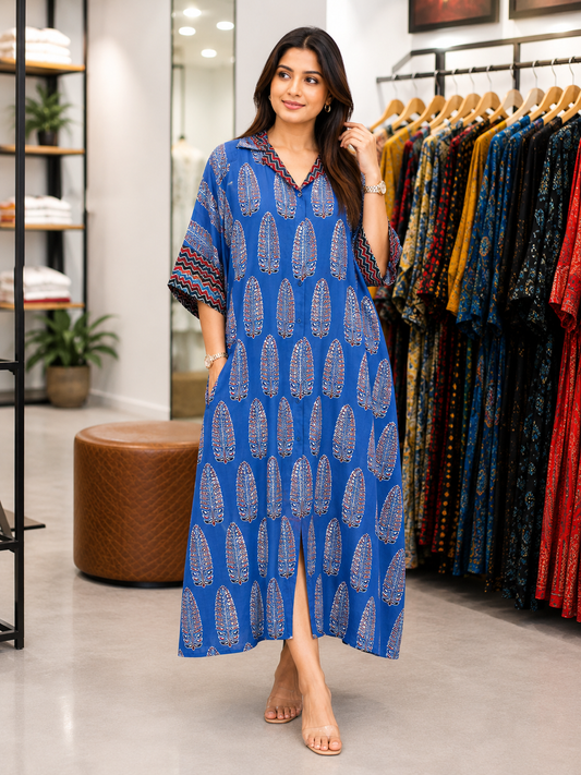 Neeva  Special Ajrakh Printed Modal Silk Kaftan Dress for Women
