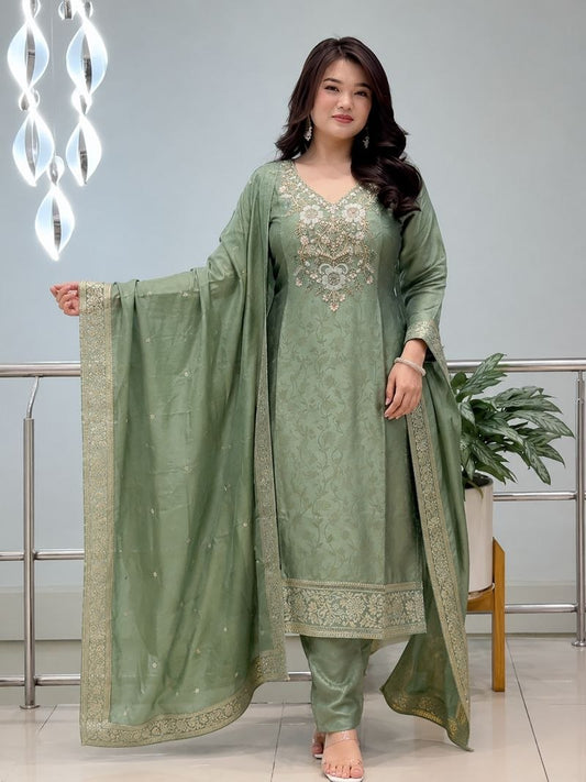Pista Green Hand Work Neck Banarasi Weaving Kurti Pant With Dupatta