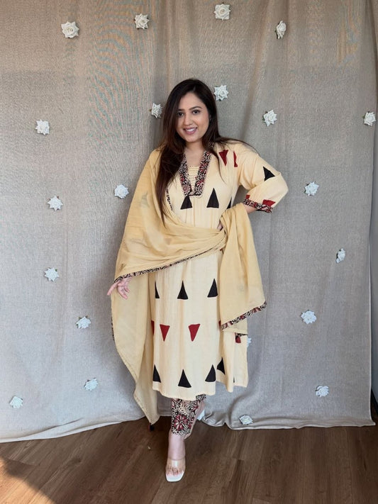 Pure Cotton Kalamkari A-line Plazo Dupatta Set