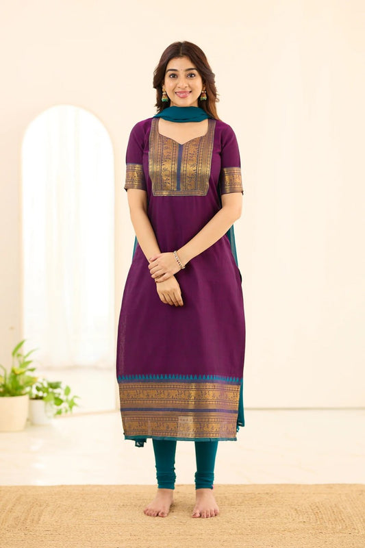 Dark Plum with Teal Green Border Chettinad Cotton Top and Dupatta