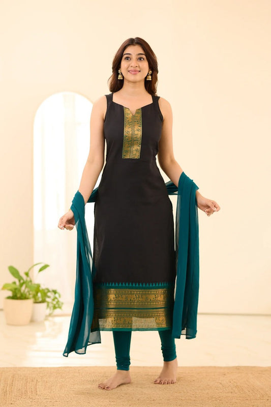 Deep Black with Emerald Green Border Chettinad Cotton Top and Dupatta