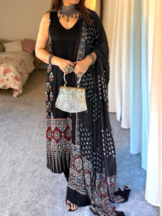 Noir Heritage Ajrakh Modal Silk Kurti & Bottom with Dupatta