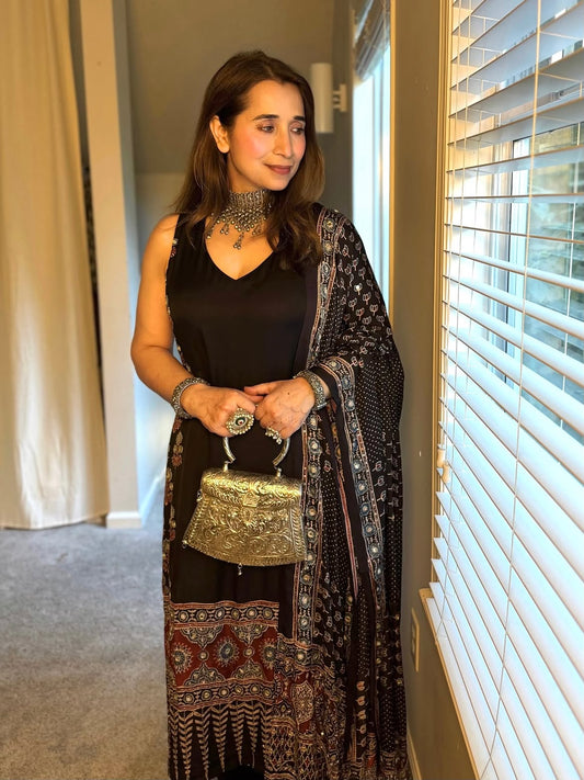 Noir Heritage Ajrakh Modal Silk Kurti & Bottom with Dupatta