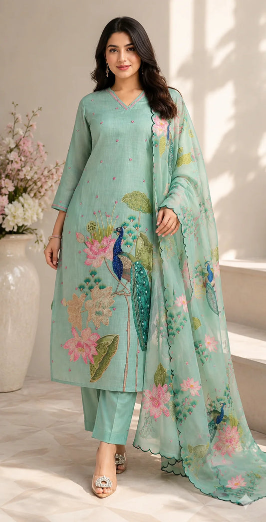 Mint Green Peacock Floral Printed Kurta Pant Dupatta Set for Women