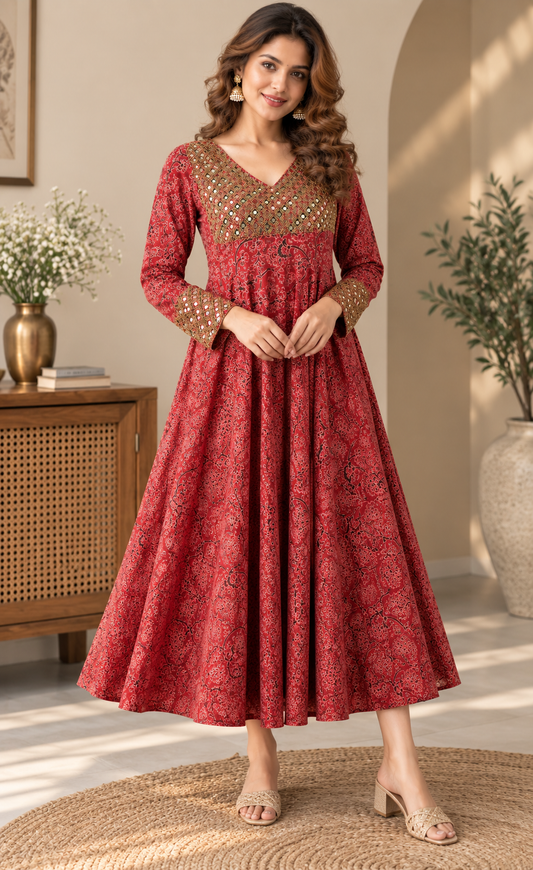 Red Printed Anarkali Dress for Women with Embroidered Neckline