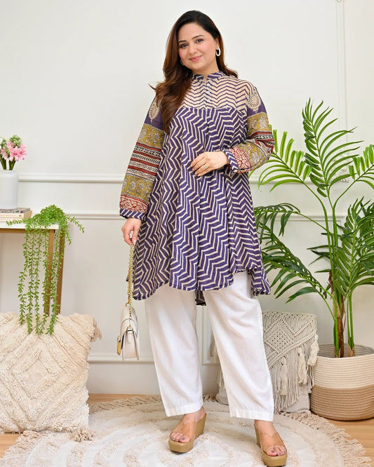 Lilac Ajrakh Mul Chanderi A Line Co-ord Set