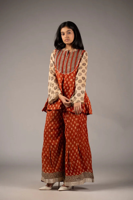 Reema Rust Red Print Cambric Cotton Kurta with Palazzo Co-Ord Set
