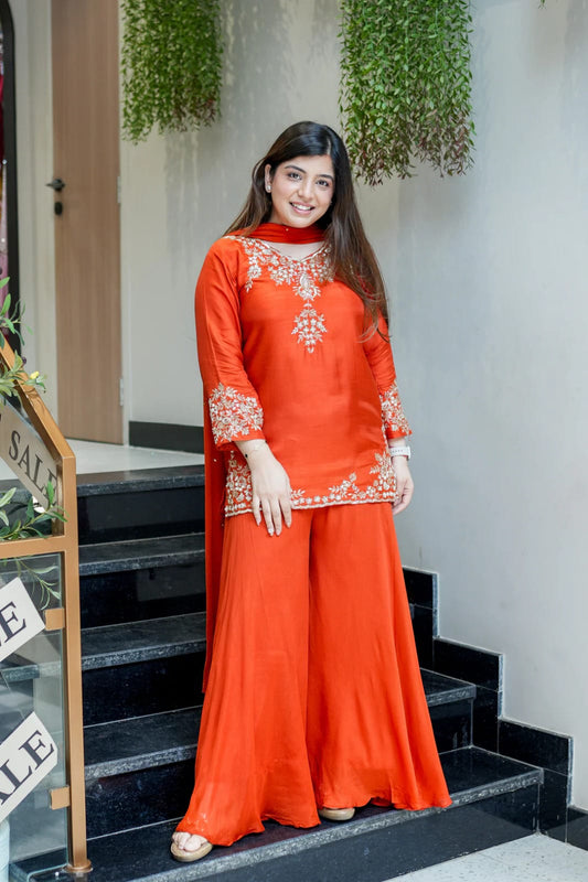 Pure Mul Chanderi Top, Plazzo & Dupatta Set