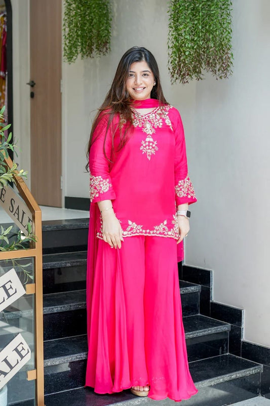 Pure Mul Chanderi Top, Plazzo & Dupatta Set