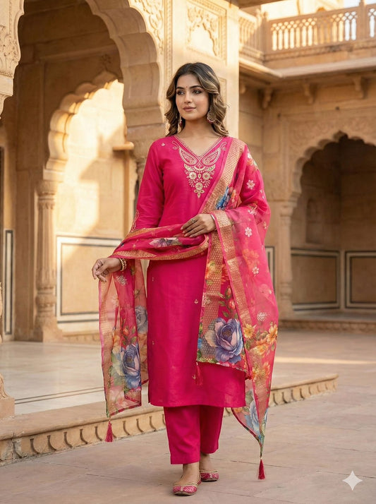 Elegant Embroidered Kurti Pant Dupatta Set