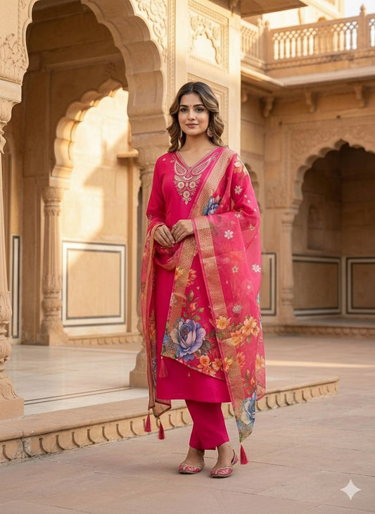 Elegant Embroidered Kurti Pant Dupatta Set