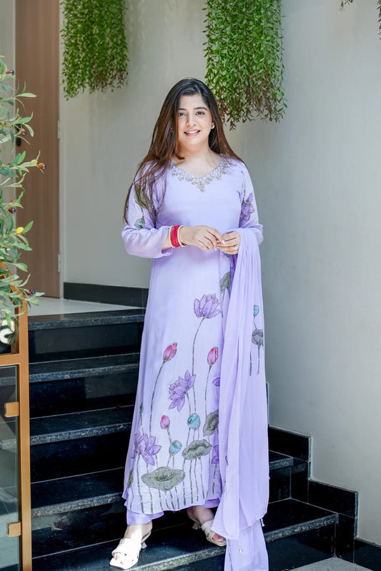 Royal Lotus Bloom A-Line Kurti Set with Dupatta