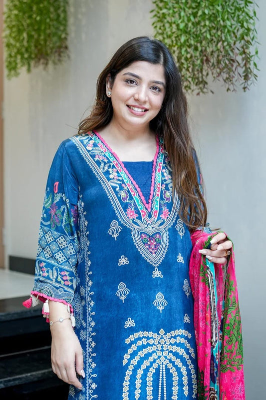 Blue Premium Muslin Kurti Pant Dupatta Set with Handwork
