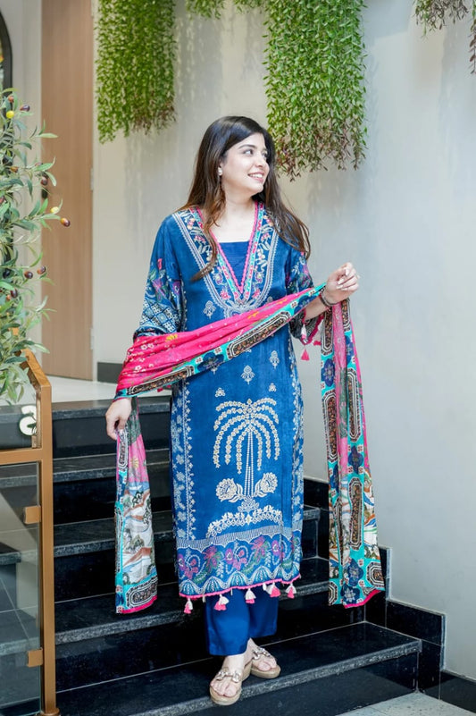 Blue Premium Muslin Kurti Pant Dupatta Set with Handwork