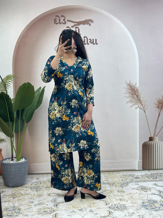 Belveera Women’s Pure Soft Rayon Cotton Navy Floral Co-ord Set