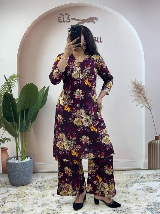 Belveera Women’s Pure Soft Rayon Cotton Navy Floral Co-ord Set