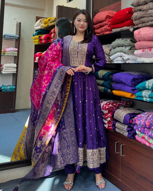 Floral Woven Design Sequinned Anarkali Chanderi Silk Kurta With Trousers & Dupatta