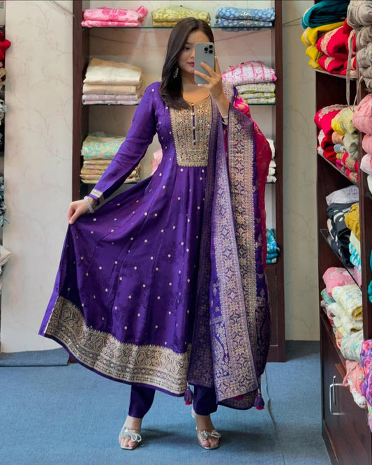 Floral Woven Design Sequinned Anarkali Chanderi Silk Kurta With Trousers & Dupatta
