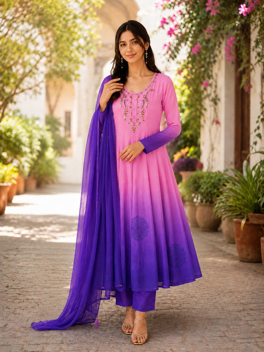 Ombre Embroidered Anarkali Suit Set with Dupatta