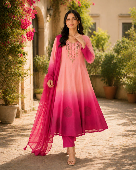 Ombre Embroidered Anarkali Suit Set with Dupatta