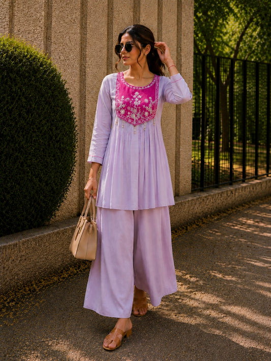 Lavender Embroidered Kurta Set with Contrast Magenta Yoke & Pearl Tassels – Festive Wear Suit for Women