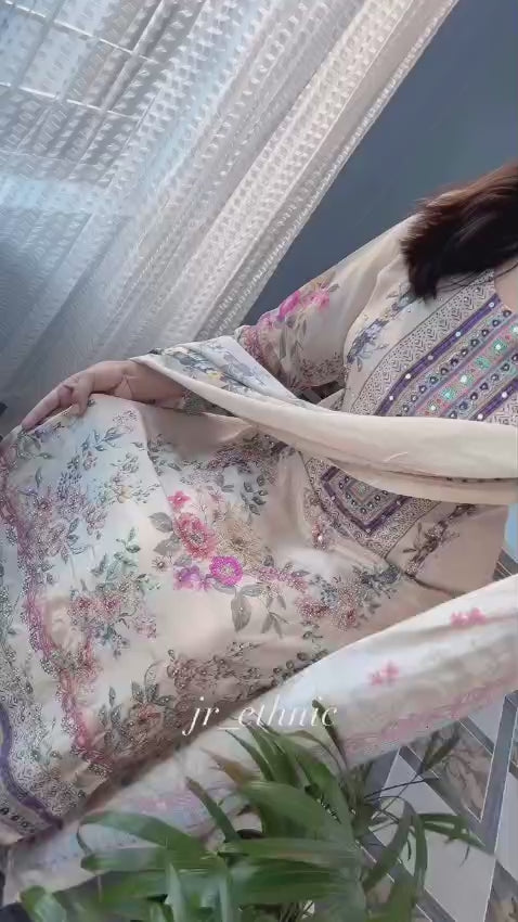 Luxury Pastel Cream Floral Printed Muslin Suit Set with Designer Dupatta