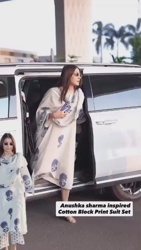 Anushka Sharma Inspired Pure Mul Cotton Jaipuri Block Print Suit Set