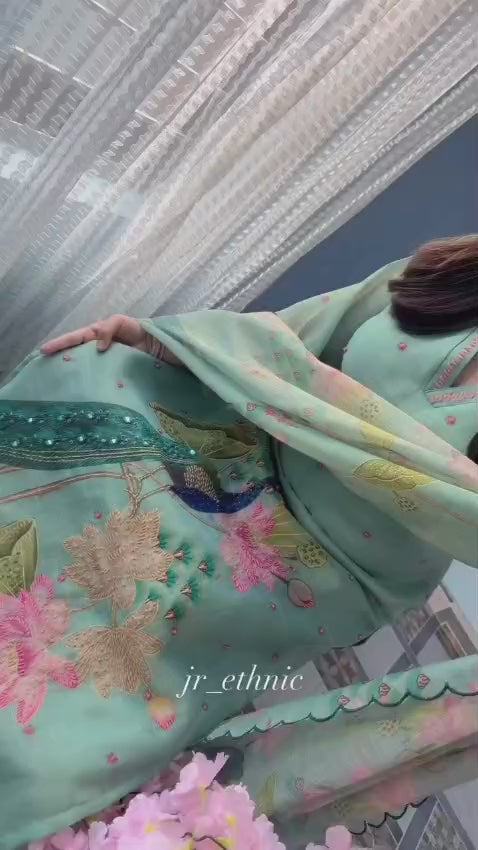 Mint Green Peacock Floral Printed Kurta Pant Dupatta Set for Women
