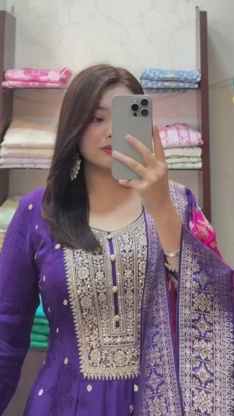 Floral Woven Design Sequinned Anarkali Chanderi Silk Kurta With Trousers & Dupatta