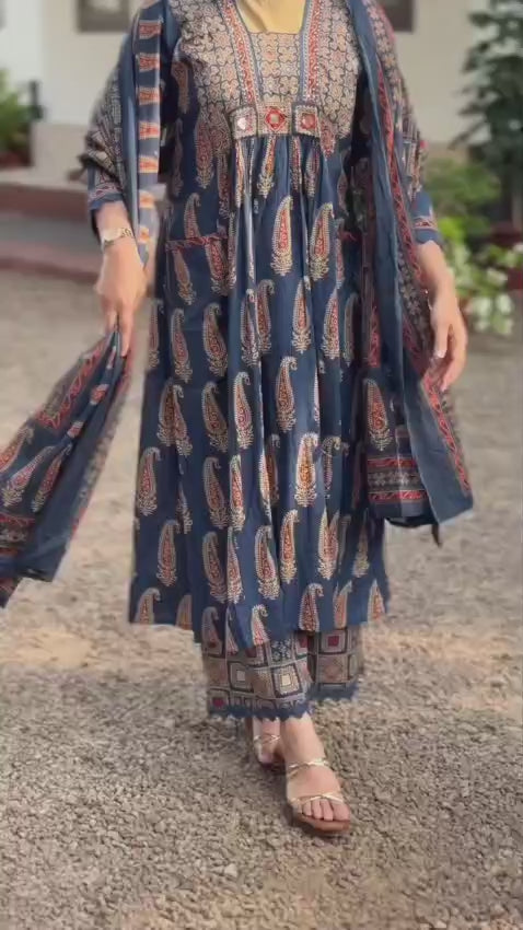 Very Graceful Pure Mul Cotton ajarakh A-Line Suit Set