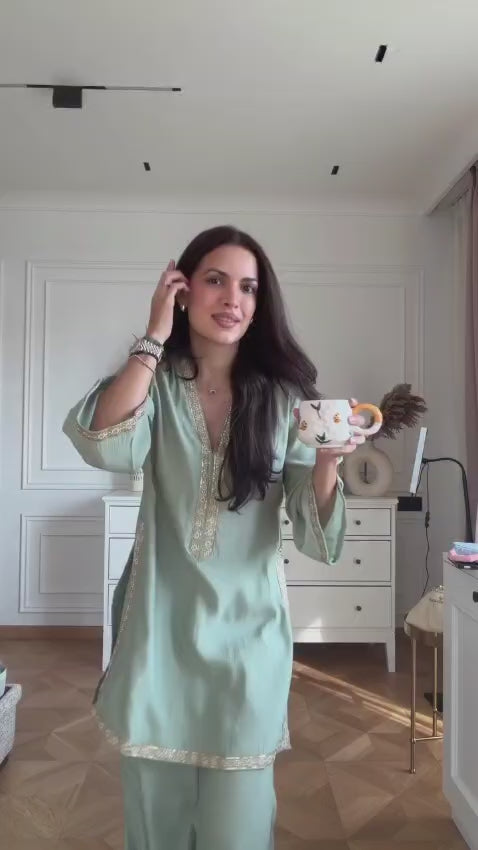 Natasa Inspired Embroidered Kurta Palazzo Set