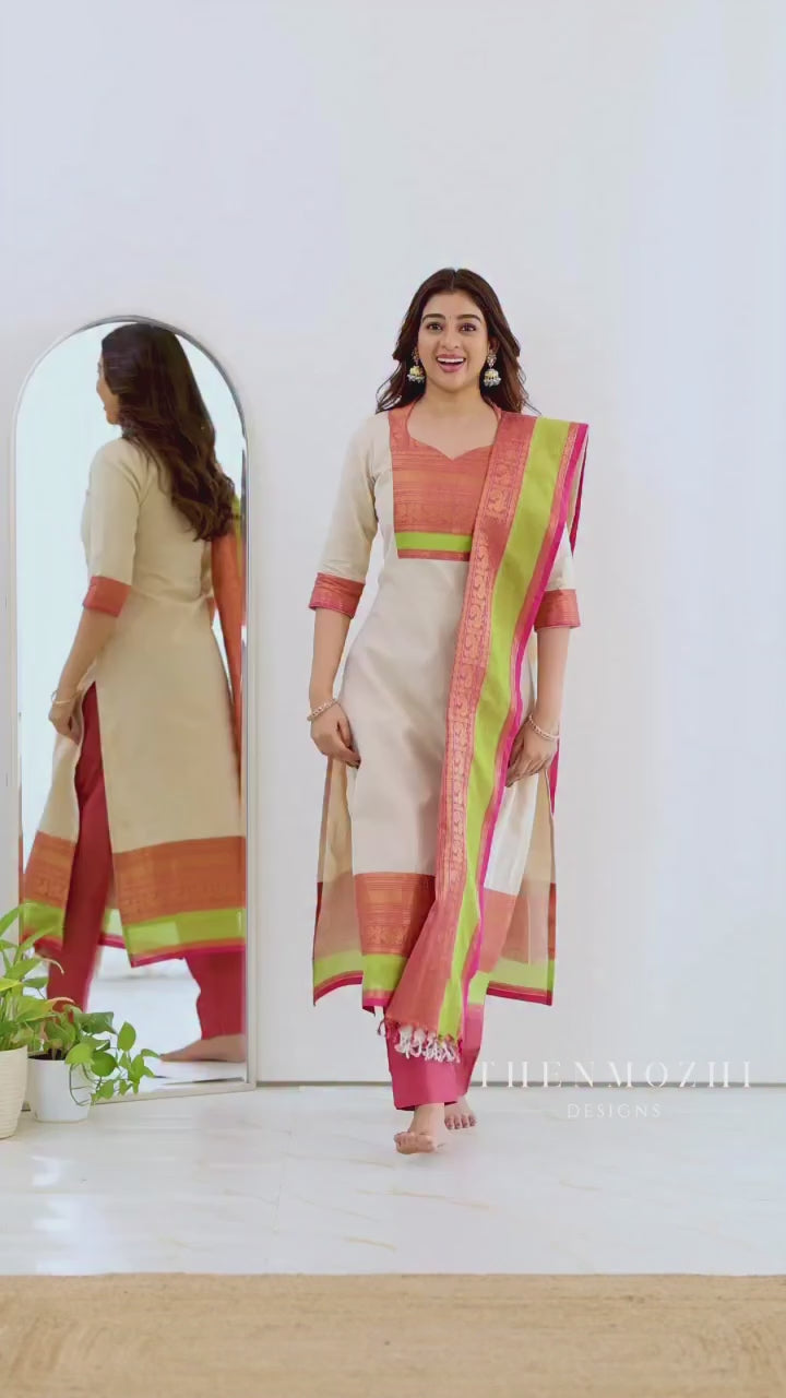 Dark Plum with Teal Green Border Chettinad Cotton Top and Dupatta