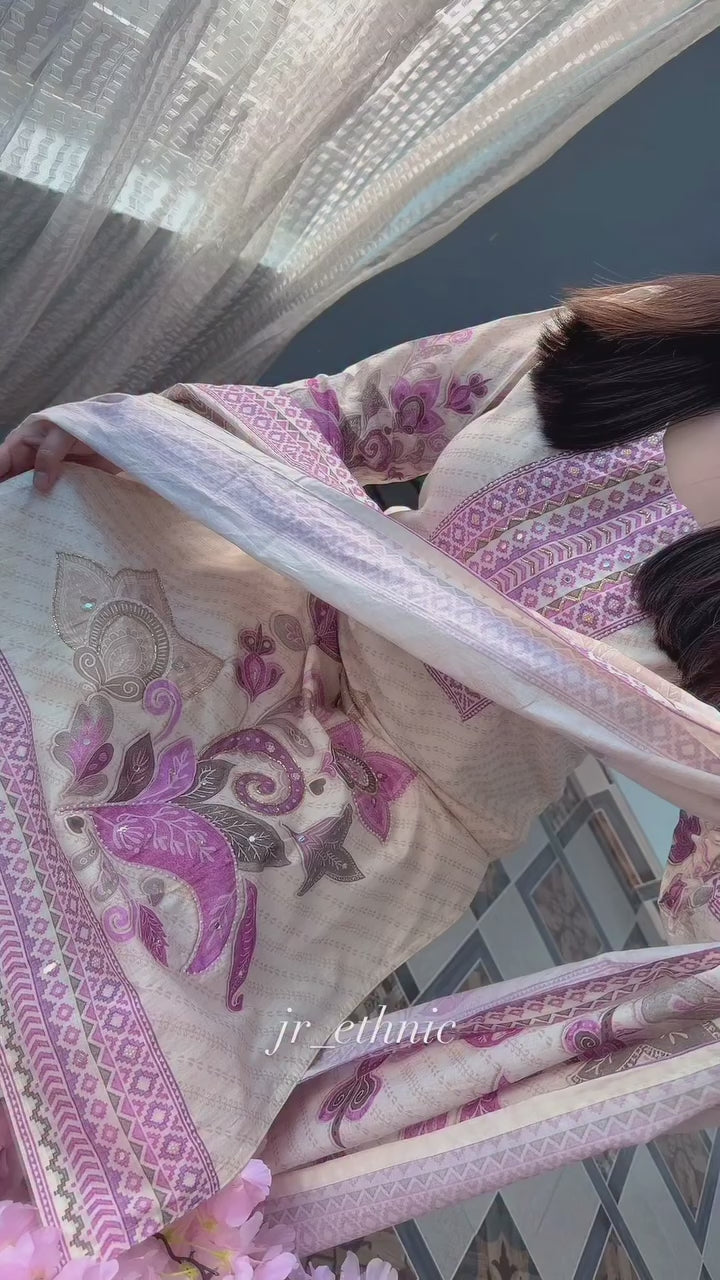 Traditional Hand-Block Print Ethnic Suit Set - Off-White & Pink