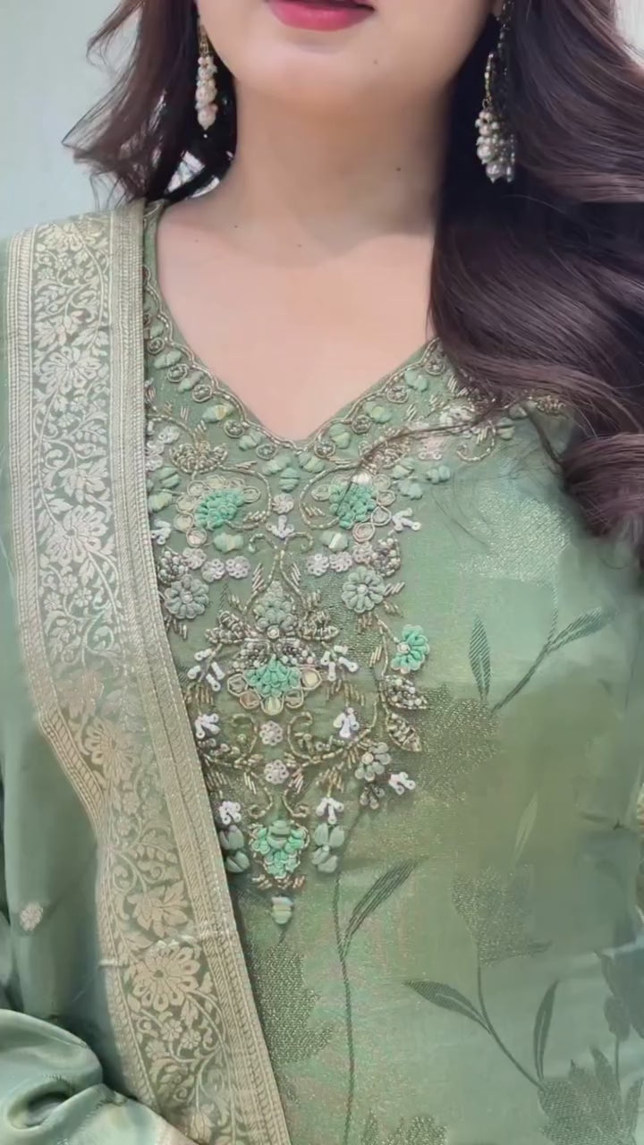 Pista Green Hand Work Neck Banarasi Weaving Kurti Pant With Dupatta