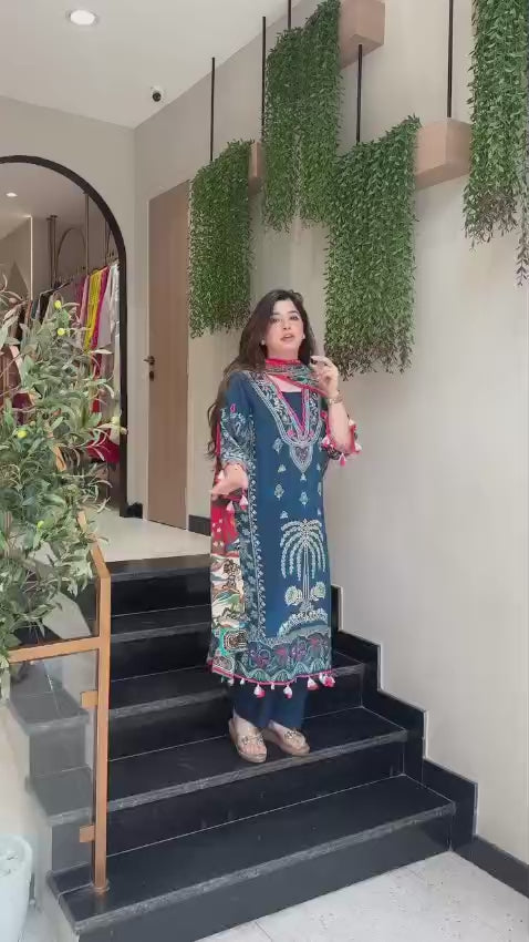 Blue Premium Muslin Kurti Pant Dupatta Set with Handwork