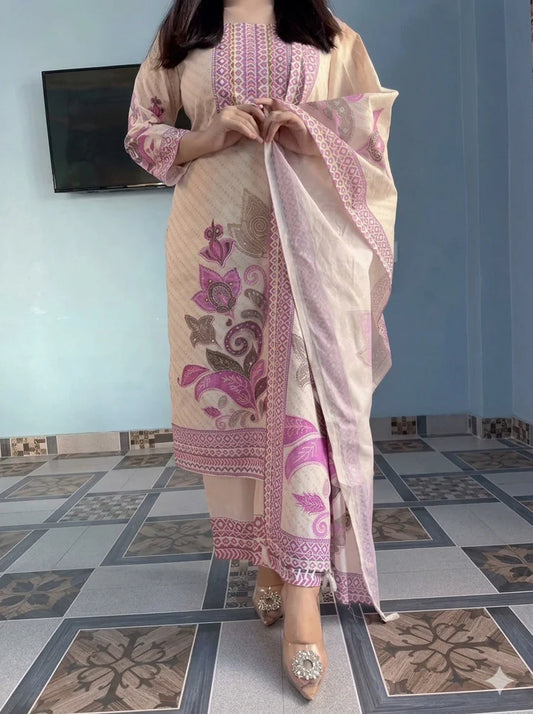 Traditional Hand-Block Print Ethnic Suit Set - Off-White & Pink